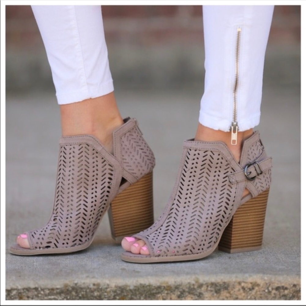 Taupe die cut open toe buckle booties